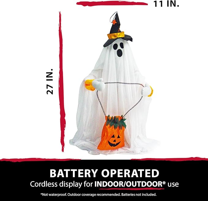 Haunted Hill Farm Friendly Ghost Halloween Animatronic with Touch Activated Lights and Music, Battery Operated Indoor or Covered Outdoor Halloween Decorations, Cute and Modern Halloween Props for Home