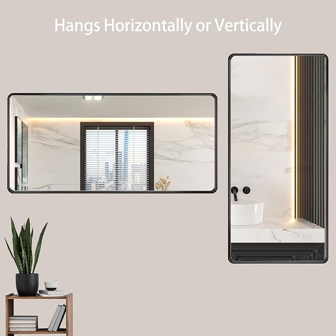 LOAAO 60X28 Inch Black Metal Framed Bathroom Mirror for Wall, Matte Black Bathroom Vanity Mirror Farmhouse, Large Rounded Rectangle Mirror, Anti-Rust, Tempered Glass, Hangs Horizontally or Vertically