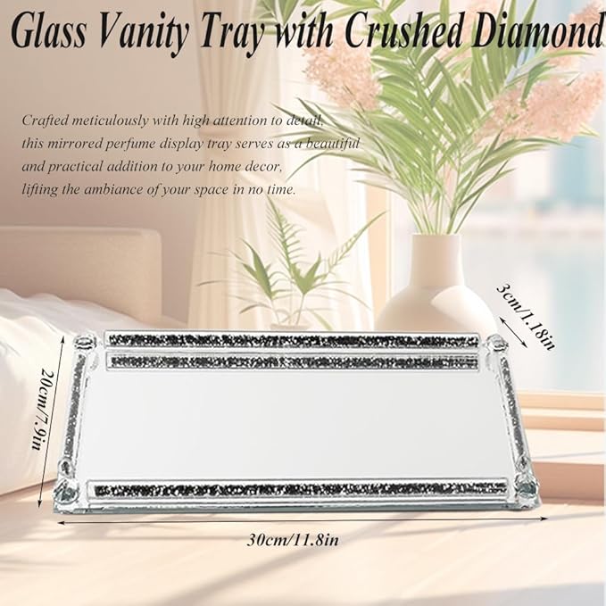 Mirrored Vanity Tray, Crushed Diamond Filled Crystal Glass Cosmetic Makeup Tray, Sparkle Perfume Jewelry Trinket Countertop Decorative Tray, for Home Party Hotel Dresser Bathroom Bedroom, Silver