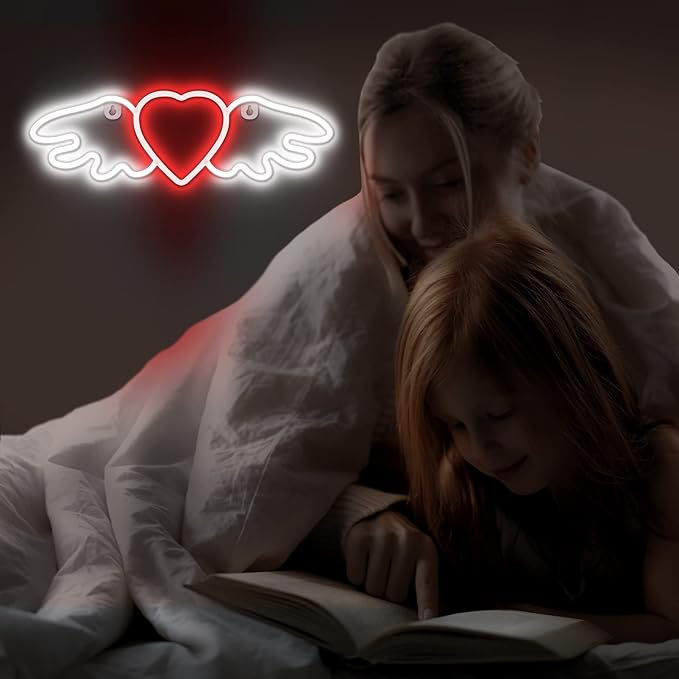Lumoonosity Heart Angel Wings Neon Sign - Neon Angel Wings & Heart LED Sign for Teens/Kids/Girls Room Wall Decor - USB Powered with On/Off Switch - 14 x 4.5-inch