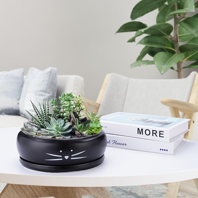 Koolkatkoo 8 Inch Cat Ceramic Succulent Planter Pot with Drainage Hole and Tray Flower Pot for Indoor and Outdoor Plants Round Shallow Planter Gifts for Cat Lovers Black