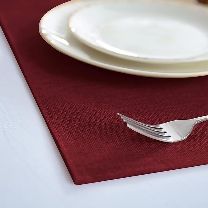 Linen Placemats Set of 8, Machine Washable, Heat Resistant, Wrinkle Free, Thick Polyester Kitchen Place Mats for Dining Table (Burgundy)