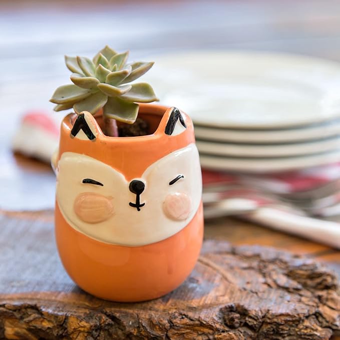 Fox Animal Ceramic Planter for Indoor and Outdoors, 3 x 3 x 4 in., Cute Hand Painted Designed in Argentina, Convenient Drain Hole