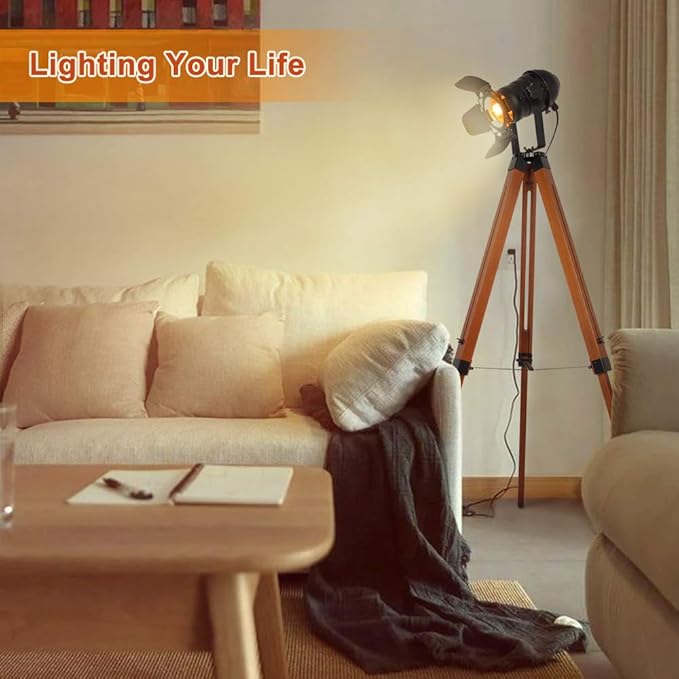 Industrial floor lamps for Living Room, Farmhouse Tripod Lamp for Bedrooms Vintage Steampunk Adjustable 55" Black Metal Camera Wooden Tall Standing Lights for Study Corner, Office (No E26 Bulb)