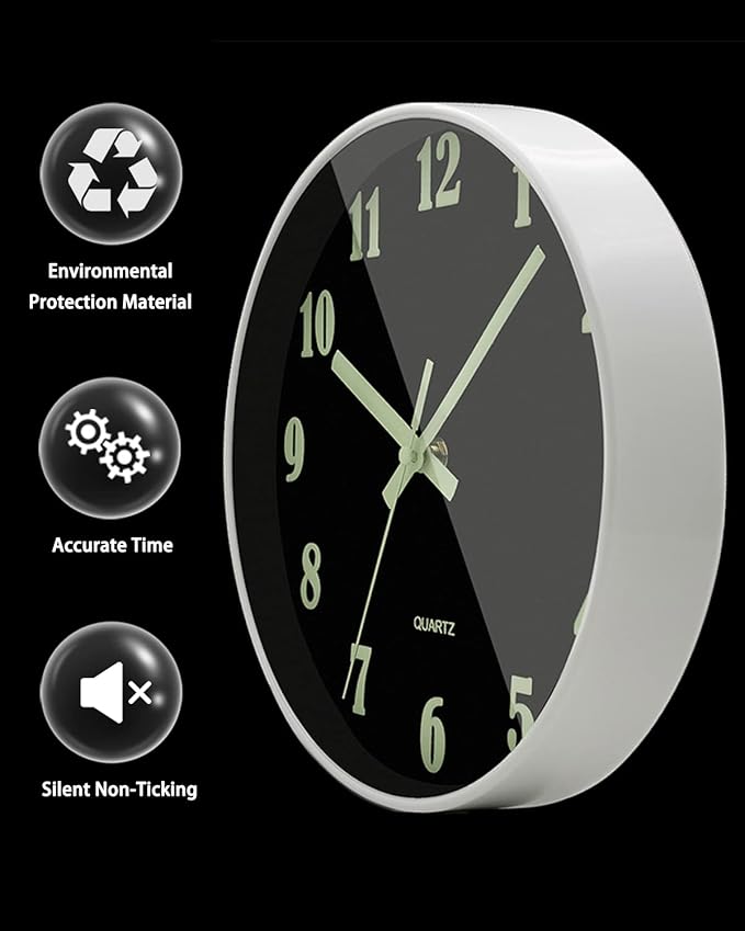 JoFomp Modern Night Light Wall Clock, 10 Inch Silent Non-Ticking Quartz Wall Clocks, Glow in The Dark Battery Operated Decorative Wall Clock for Bedroom, Kitchen, Living Room(10 inch)