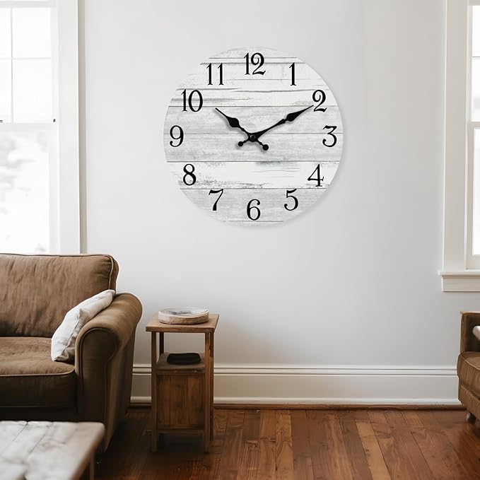 Wall Clock Battery Operated 16 Inch Large Gray Silent Non Ticking Country Rustic Design Vintage Retro Decorative for Bathroom Kitchen Living Room Bedroom