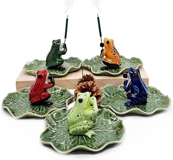 Tiny 2" High Red Black Frog On 4" Wide Lotus Leaf Incense Holder - Ceramic Incense Stick Tray Porcelain Miniature Handmade Animals Figurine Display Cute Mini Colorful Décor Gift