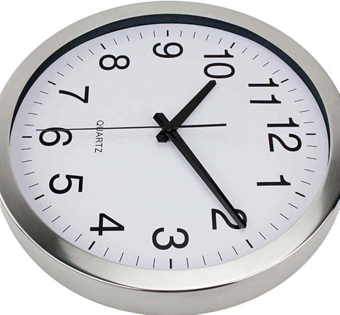 Wall Clock Metal Frame Glass Cover Non-Ticking Number Quartz Wall Clock 12inch Modern Quartz Design Decorative Indoor/Kitchen Silver