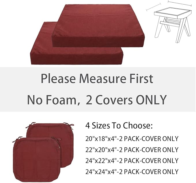 FUNHOME Outdoor Cushion Covers 24 x 24 x 4 inch,Set of 2,Replacement Square Seat Cushion Cover for Patio Furniture Chair,Water Resistant,Fade-Resistant Slipcover Only,No Insert(Rust Red)