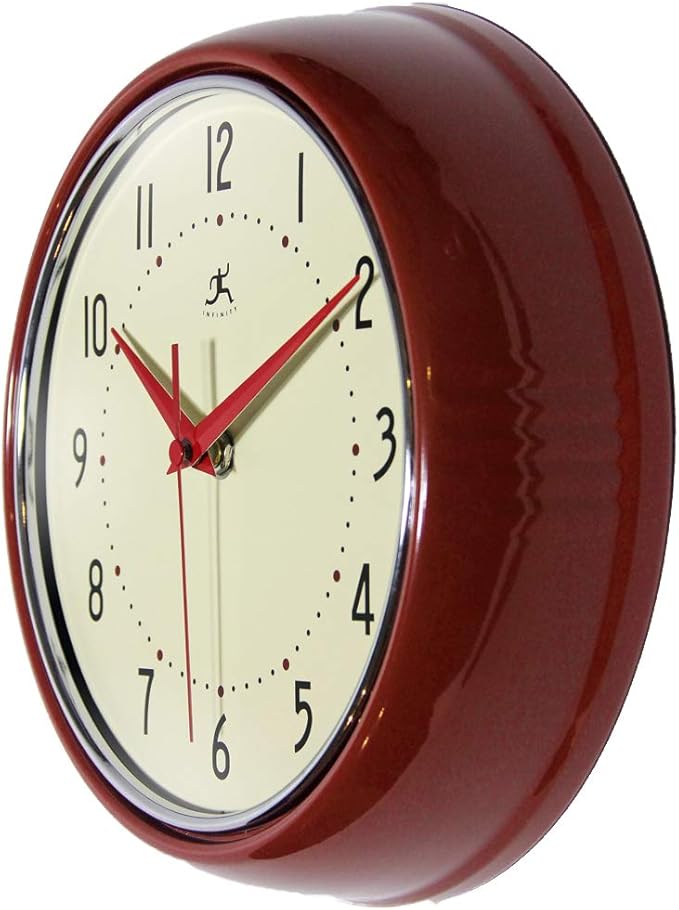 Infinity Instruments LTD. Retro 9 inch Silent Sweep Non-Ticking Mid Century Modern Kitchen Diner Wall Clock Quartz Movement Retro Wall Clock Decorative (Red)…