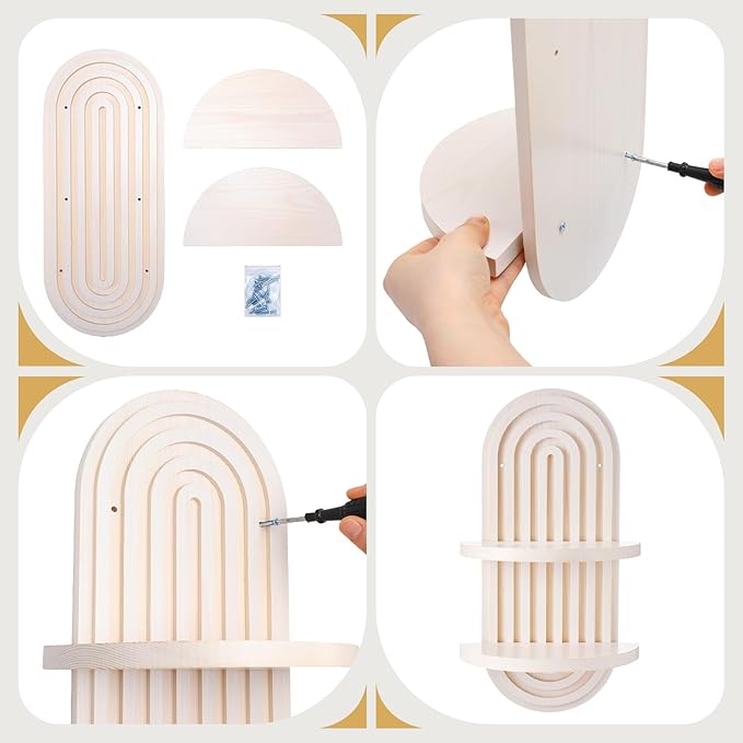 Wenqik 2 Pcs Boho Wall Shelf Rainbow Arch Wooden Floating Shelf Mid Century Bohemian Hanging Holder Double Vintage Wall Mount Altar Decor for Nursery Bedroom 15.75 x 6.69 Inches(White)