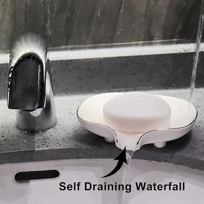 White Soap Dish Ceramic Self Draining Soap Dish Waterfall Slot Gold Edge Bathroom Accessories for Bathroom, Kitchen,Bar Counter
