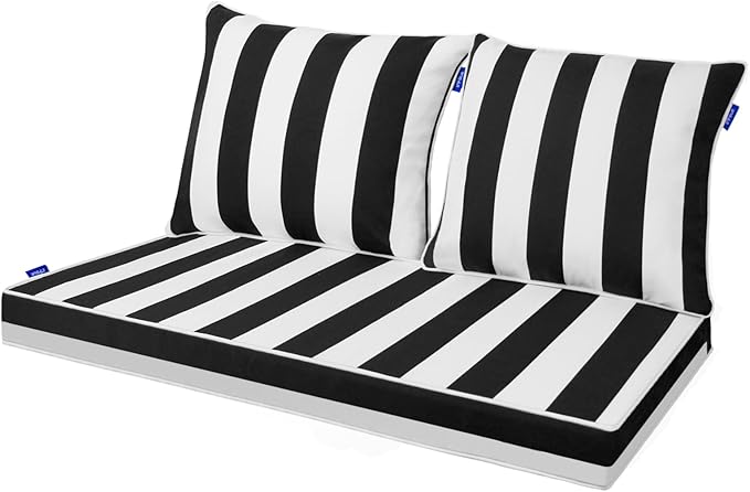 Outdoor Loveseat Cushion Set 48'' x 24'', Outdoor Cushions for Patio Furniture with Fastness Cover, Water Repellent Outdoor Seat Cushion and Couch Back Cushions for Bench, and Swing (Black Stripes)