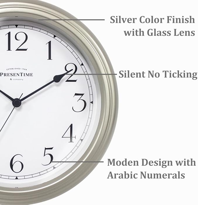 Presentime & Co Chic Home Collection 10" Molly Clock, Silent No Ticking, Silver Color. Modern Decorative Wall Clock for Kitchen, Kid's Room, Bathroom, Bedroom, and Office