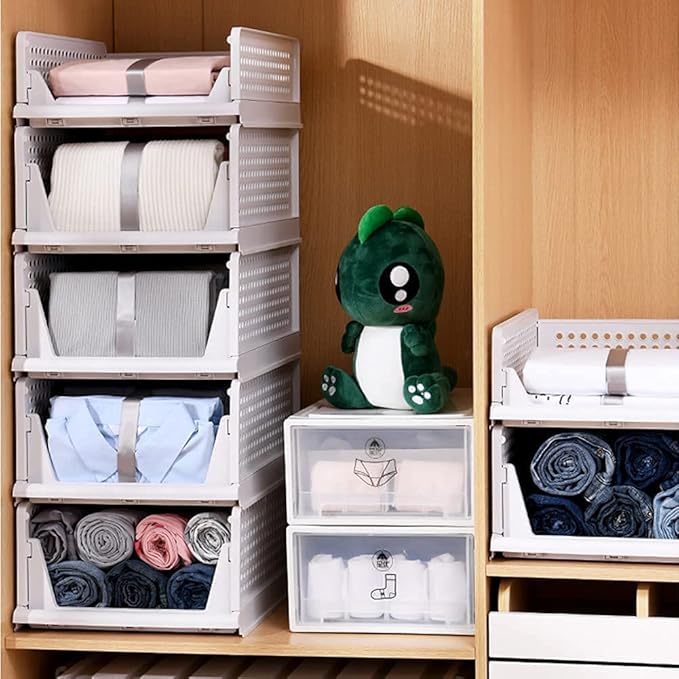 yazi 3 Pack Plastic Drawer Organizer, Stackable Storage Bins Foldable Wardrobe Clothes Shelf Baskets, Folding Containers Bins Cubes Closet Organizer Storage Drawers 3L