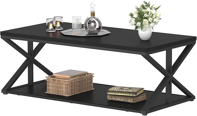 Modern Coffee Table with Storage, Farmhouse Living Room Table, Minimalist Rectangle Center Table, Industrial Vintage Wood Tea Table, 47 Inch, Black Oak