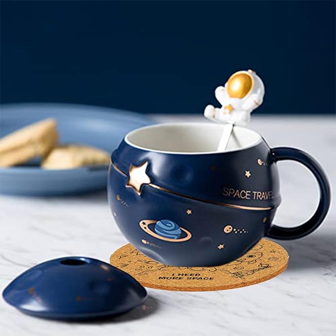 Kawaii Astronaut Cup Space Embossed Planet Mug, Cute Ceramic Coffee Mug, Novelty Mug with Lid and Spoon for Coffee, Tea, Milk, Aesthetic Room Decor Funny Gift for Girl Boy Women (Dark blue)