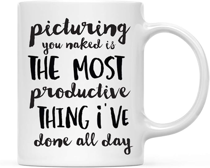 Andaz Press Valentine’s Day Funny 11oz. His Her Couples Coffee Mug Gift, Picturing You Naked is The Most Productive Thing I've Done All Day, 1-Pack, Gift Box