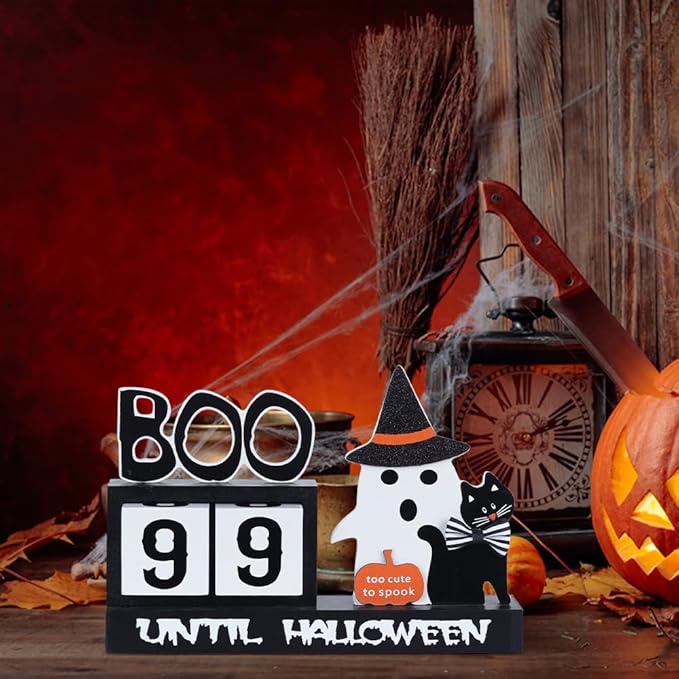 Halloween Decorations Indoor, DECSPAS Wood Halloween Countdown Calendar Halloween Decor, Two Movable Numeral Blocks for Counting 99 Days to Halloween, Ghost Ornaments Boo Sign Halloween Room Decor
