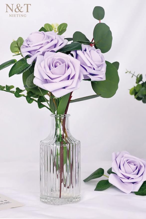 N&T NIETING Artificial Flowers, 50pcs Lavender Fake Rose Flowers with Stem for DIY Wedding Bouquets Centerpieces Arrangements Party Baby Shower Home Decorations