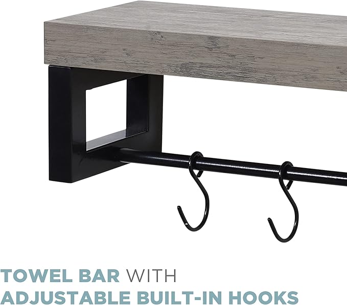 Zenna Home Wall Mounted Storage Shelf, Wood Shelf with Towel Bar and 4 Adjustable Hooks, Easy to Assmble Shelving Unit for Small Spaces, Driftwood and Matte Black Finish