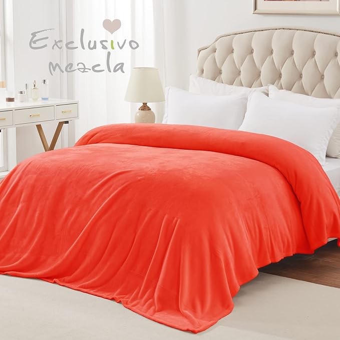 Exclusivo Mezcla Fleece Blanket Twin Size for Bed, Super Soft and Warm, All Season Use, Cozy, Plush, Lightweight, 90x66 Inches, Coral Orange