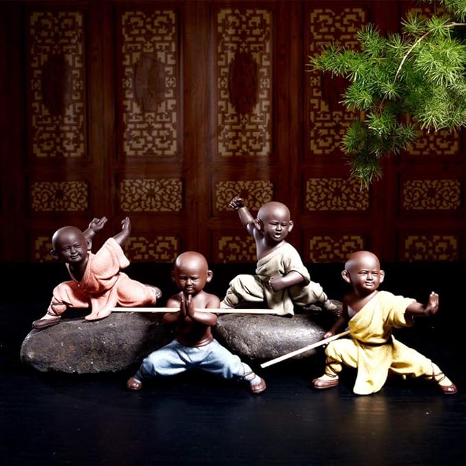 Kingzhuo Ceramic Cute Buddha Statue Adorable Monk Figurines Delicate Chinese Four Style Kung Fu Monks Set of 4 Monk Sculptures for Home Decor Tabletop Display Ornaments Decoration 4.7in in Height