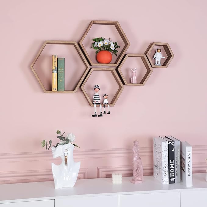 Hexagon Shelves for Wall,Hexagon Floating Shelf Set of 5,Honeycomb Shelves Octagon Hanging Cube Rustic Wood Wall Mounted for Living Room Bedroom Kitchen Bathroom Office Home Decor(Carbonized Brown)