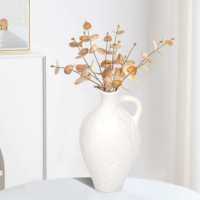 Ceramic Vase with Handles, 10.4inch Tall White Rustic Large Farmhouse Terracotta Vase for Home Boho Decor, Room Table Centerpiece, Living Room, Vintage Pottery Gifts, Bathroom