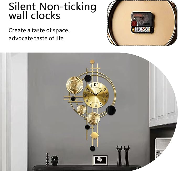 Large Wall Clocks for Living Room,Silent Non Ticking,Battery Operated Oversized Round Modern Wall Clock for Bedroom,Farmhouse,Office Wall Decor-17.8x30.7Inch(Golden)