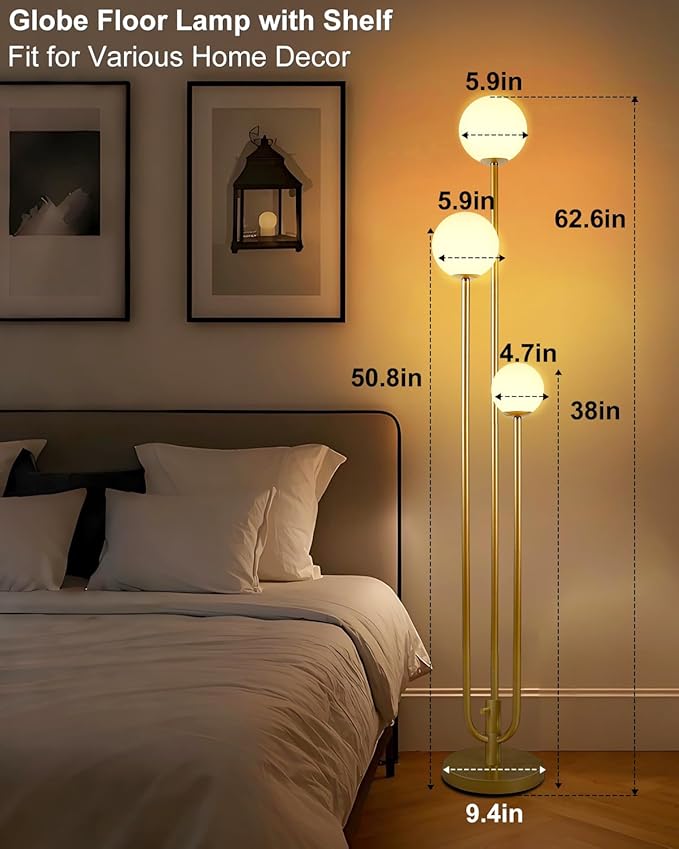 63IN 3-Light Dimmable Floor Lamp, Unique Tall Standing Lamps with 3 Gold Poles and 3000K G9 Bulbs for Reading, Mid Century Modern Floor Lamp for Living Room Bedroom Home Office