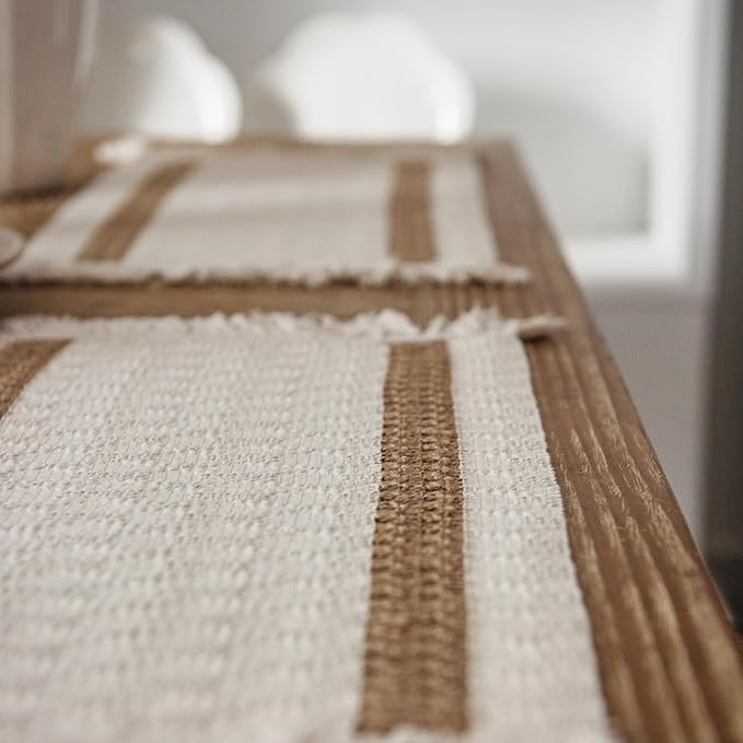 Boho Placemats Set of 4, Splicing Woven Placemat 12 x 19 Inches, Burlap Rustic Place Mat, Kitchen Table Heat-Resistant Table Mats