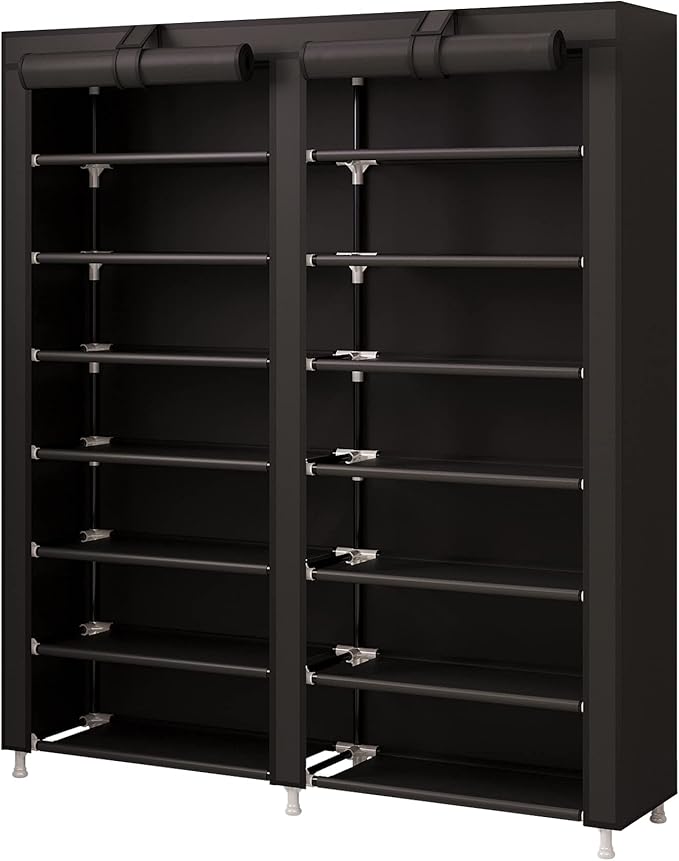 MOYIPIN Shoe Rack Storage Organizer, Double Row Portable Nonwoven Fabric Cover Shoe Rack Holds up to 28 Pairs 36.2 x 11.2 x49.2 Inches Black
