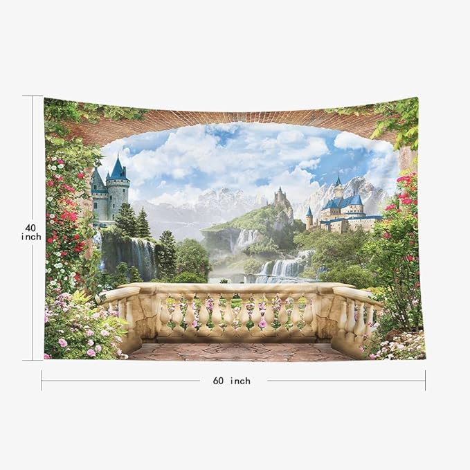 EMMTEEY Waterfall Tapestry Colorful Tapestry View from Balcony of Waterfalls with Castles Dorm Tapestry 60X40 Wall Tapestry Nature Present for Families