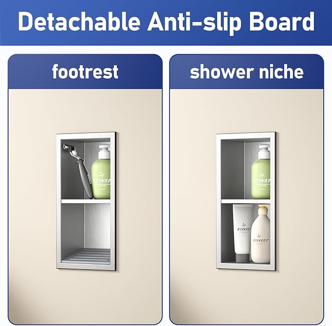 Shower Niche, 304 Stainless Steel Wall Niche Shower Stool for Bathroom, Recessed Shower Footrest w/Over Mount Installation, No Tile Need (Brushed, 12.3''x6'')