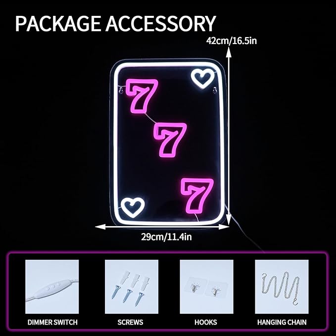 Lucky 777 Neon Sign for Wall Decor Dimmable Pink Poker Led Lights Signs for Bedroom Luck Seven Neon Light for Game Room Living Room Party Decoration Birthday Gift for Kids Girl