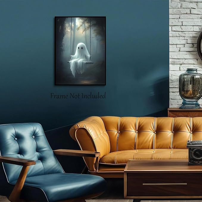 ILLBDR Cute Ghost Canvas Wall Art Halloween Decor Vintage Painting, Spooky Silhouette Ghost Haunted House Art, Bedroom Gothic Decor Ready to Hang, 12x16 Inch Unframed