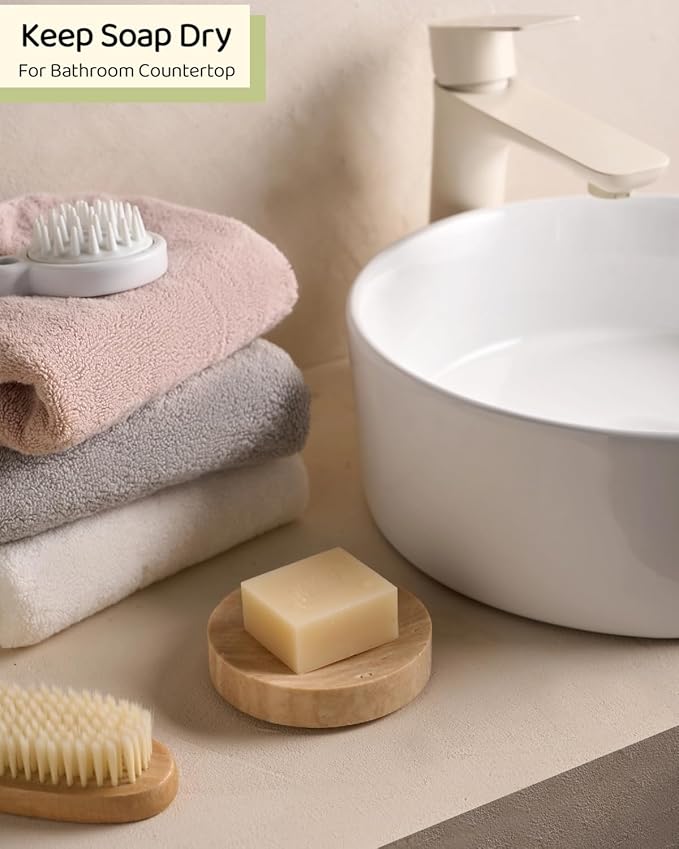 Natural Travertine Soap Holder, Round Marble Soap Dish for Shower, Bathroom Ceramic Soap Bar Holder, Decorative Rustic Soap Dishes, Farmhouse Kitchen Sink Sponge Tray with Non Slip Bottom