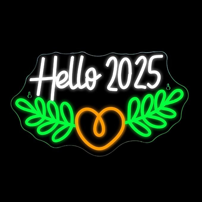 Lucunstar Hello 2025 Neon Sign,Neon Sign 2025,Led Neon Light for Wall Decor,Light Up Sign for Bedroom Decor,Dimmable Switch USB Connectivity Neon Signs for Holiday Party Light,Festival Celebration