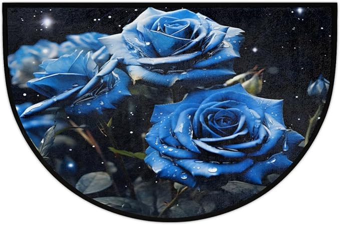 Half Round Rug Blue Rose Doormat Flower Bathroom Rug Festival Decorative Gifts Non-Slip Washable Doormat for Indoor Outdoor Living Room Kitchen Bedroom
