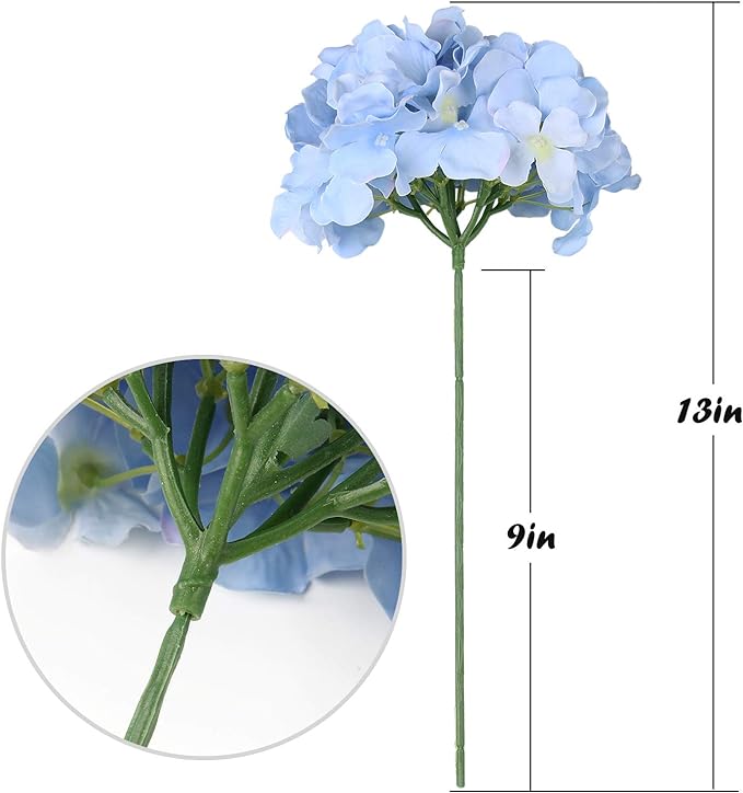Flojery Silk Hydrangea Heads Artificial Flowers Heads with Stems for Home Wedding Decor,Pack of 10 (Blue)