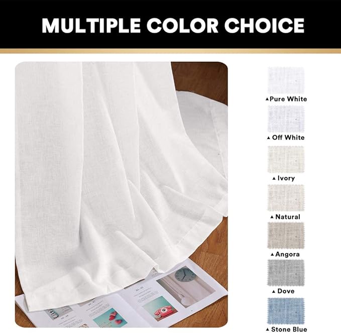 PrinceDeco White Linen Curtains 108 Inch Length 2 Panels Set, Rod Pocket Curtains for Living Room, Light Filtering Curtains for Bedroom/Living Room Energy Saving Vertical Drapes