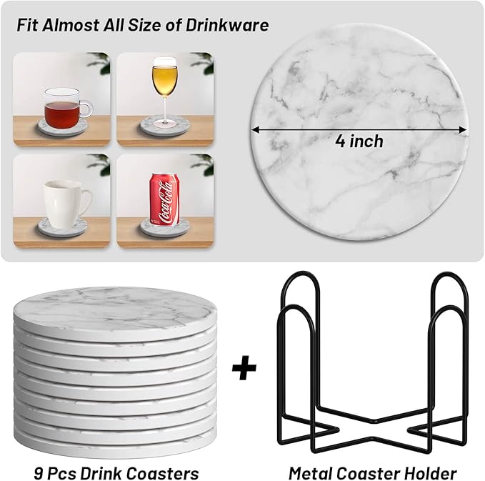 Billbotk 9 Pieces Ceramic Coasters for Drinks with Holder, Absorbent Drink Coasters for Coffee Table, Marble Style Coasters Wooden Table, Suitable for Kinds of Cups, 4 Inches