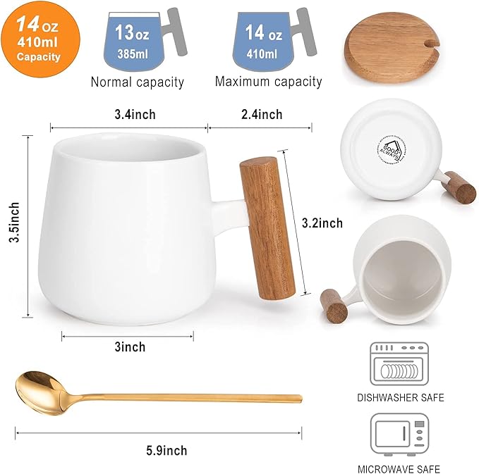 Ceramic Coffee Mug,Tea Cup for Office and Home,14 Oz Cup with Lid and Coffee Spoon, Birthday Gifts for Women and Men, 1 Pack (White)