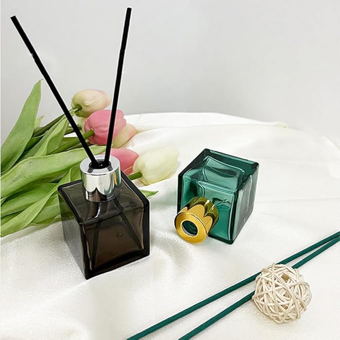 2PCS 50ml/1.7oz Glass Diffuser Bottle Jar Empty Square-Shaped Glass Fragrance Bottle Container Fragrance Accessories DIY Replacement Diffuser Sticks Decor (Grey)
