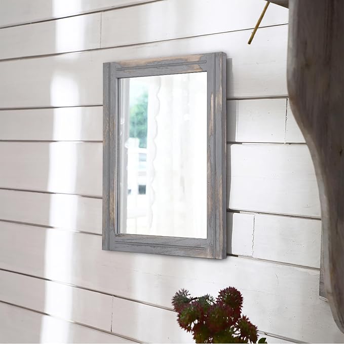 AAZZKANG Wood Framed Mirror Rectangular Rustic Wall Mirrors Decorative Small for Farmhouse Bathroom Living Room Bedroom Grey