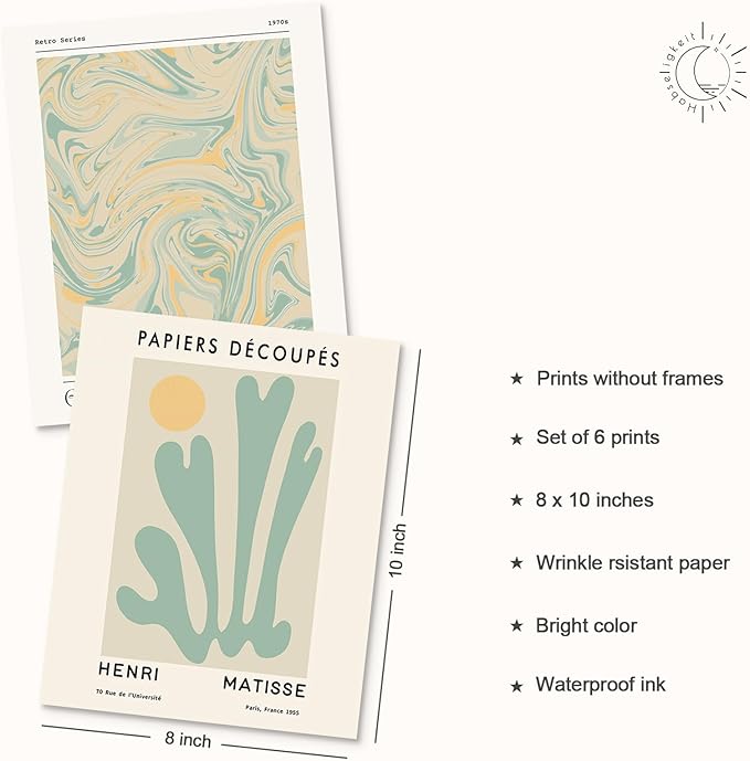 Habseligkeit Sage Green Wall Art Prints, Abstract Matisse Wall Art Exhibition Posters, Vintage Wall Art Prints, Retro Room Decor for Girl's Bedroom 8x10 inch, Unframed