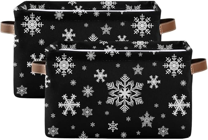 Winter Snowflake Black Storage Basket Fabric Kitchen Baskets Christmas Holiday Open Home Storage Bins Boxes Foldable Organizer Bag for Baby Cloth Xmas Baskets 16×12×8 Inches
