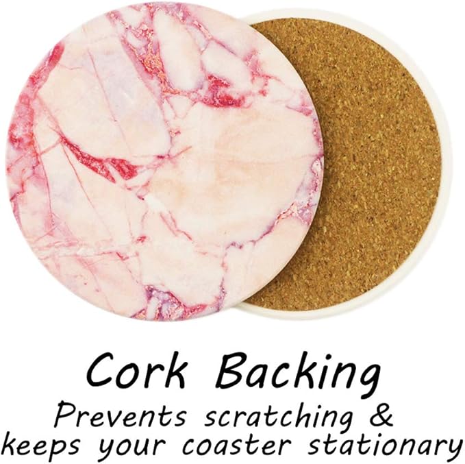 AD Set of 6 Coasters for Drinks Absorbing Round Ceramic Stone Coaster with Cork Base Tabletop Protection Mat for Mugs and Cups,Office,Kitchen (Pind Marble with Holder)