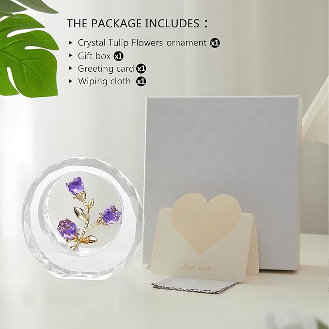 Crystal Flower Figurines,Glass Tulips with Stems,Spring Bouquet Collectible Figurines Home Decor (Purple)